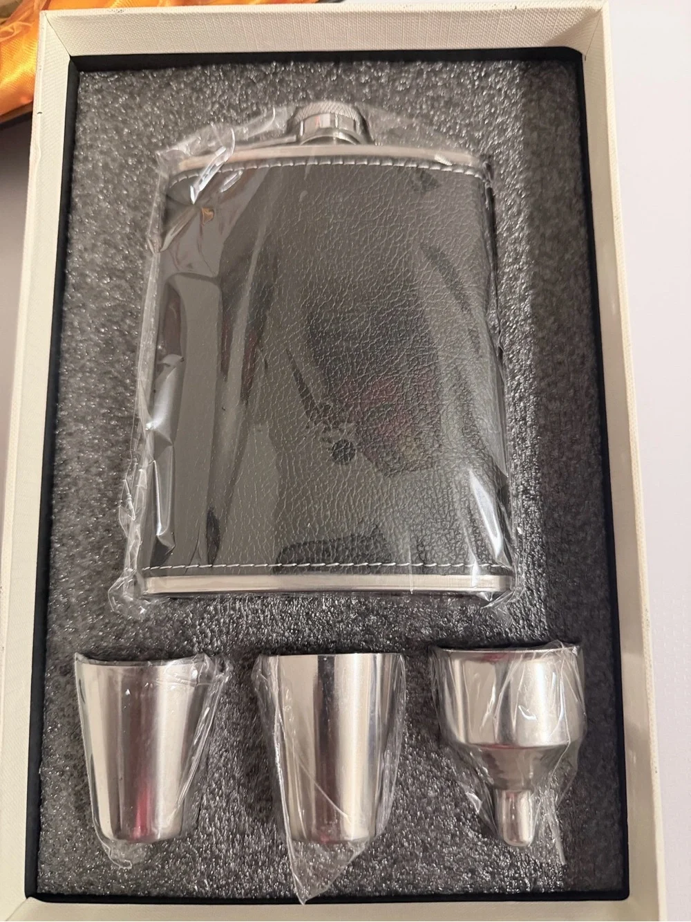 Black Leatherette Stainless Steel Hip Flask Gift Set with Cups